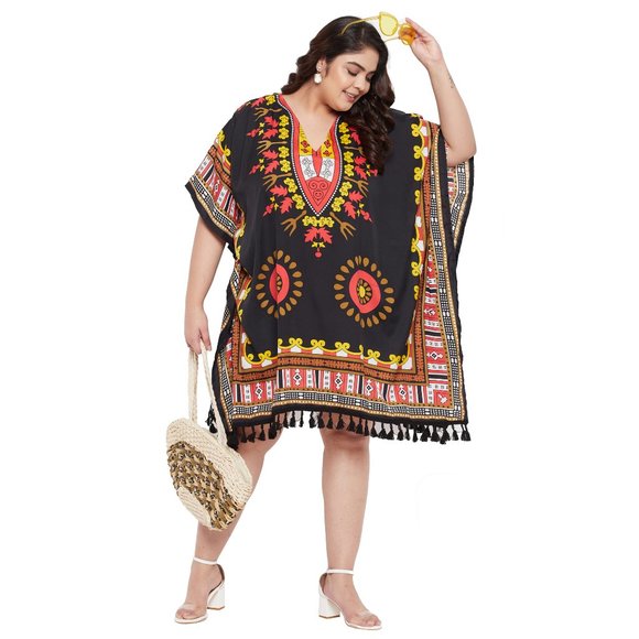 Dashiki Printed Black Polyester Short Caftan Tunic Dress for Women by Gypsie Blu - Picture 1 of 7